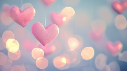 Fototapeta premium Dreamy Floating Pink Hearts in Soft Romantic Bokeh Background