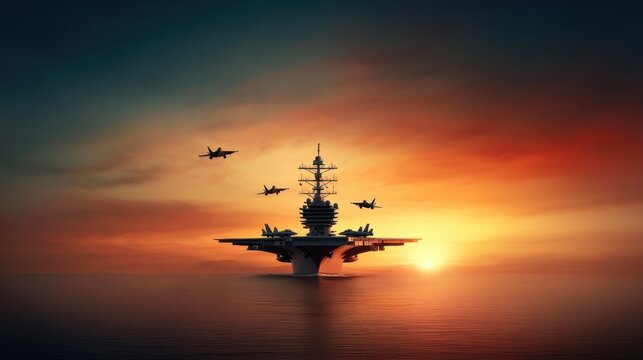 Aircraft Carrier Operations at Sunset Over the Ocean