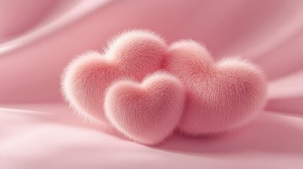 Fototapeta premium Fluffy pink hearts on soft fabric, perfect for love and romance themes.