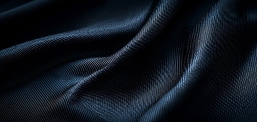 A close-up of dark, smooth fabric showcasing elegant folds and a rich texture, emphasizing the interplay of light and shadow.