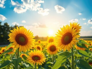 Fototapeta premium Vibrant summer landscape with sunflowers and sun rays, petals, peaceful