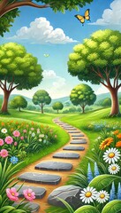 A serene path through a lush green landscape with flowers