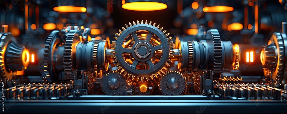 Poster close-up of illuminated gears in a futuristic mechanical system.