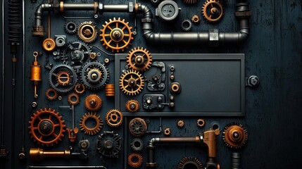 Intricate arrangement of vintage gears and pipes on a dark background.