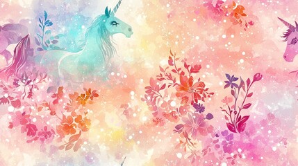 Fototapeta premium Enchanting Watercolor Unicorn Floral Pattern in Soft Pastel Hues