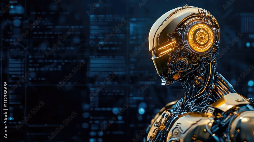 Poster futuristic robot with glowing face in a digital environment.