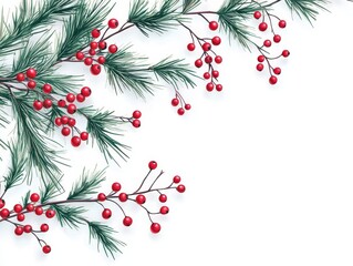 A Merry Christmas design using a white background, pine twigs, and vibrant red berry accents, elegant vector style