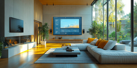 Modern Smart Home Living Room with AI-Driven Security System and Natural Light