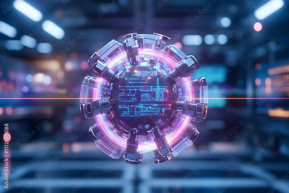 Poster captivating high tech nucleus shaped artifact with iridescent gradient circuits and mesmerizing fibe