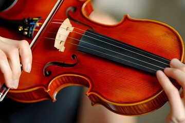 Fototapeta premium Close-up of hands playing a violin, showcasing craftsmanship and musical expression.