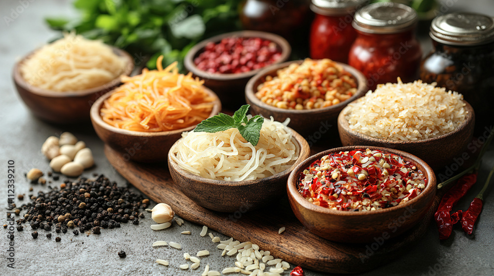 Aufkleber colorful selection of spices and herbs arranged in bowls on a rustic table in a culinary setting. ge