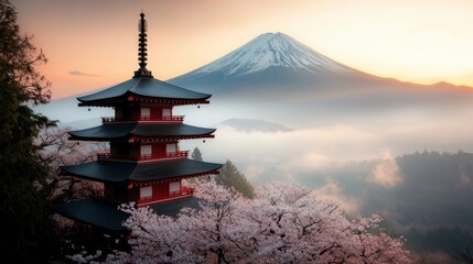 Fototapeta premium Traditional Japanese Pagoda with Mount Fuji Background
