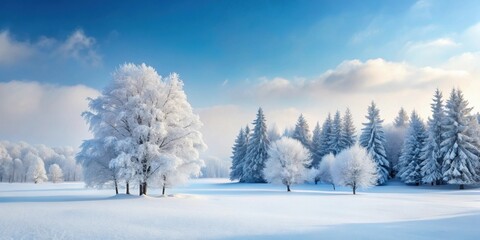 Fototapeta premium Snow-covered trees in a serene winter landscape , Winter, nature, scenery, picturesque, cold, frost, snowy, white, tranquil