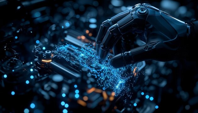 A futuristic robotic hand interacts with glowing circuitry, emitting blue energy particles, symbolizing advanced technology and connectivity.