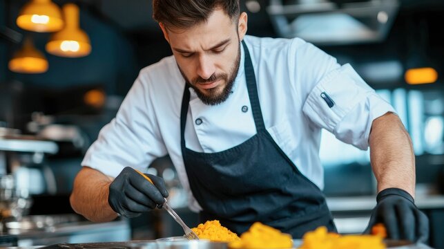 Focused chef meticulously prepares vibrant yellow food garnish in professional kitchen.