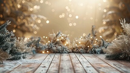 Festive beautiful winter nature Christmas decor for presentation. Fir branches decorated and empty wooden flooring.