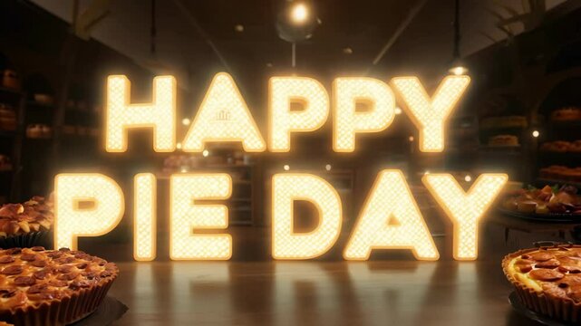 A sign that says Happy Pie Day. There are many pies on display. The sign is lit up