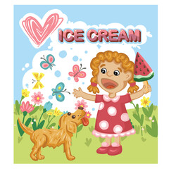 Girl with watermelon and heart logo in meadow scene illustration