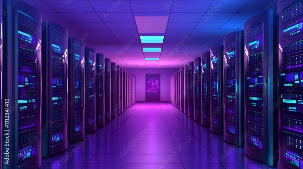 Poster a futuristic server room with glowing lights and rows of data storage units.
