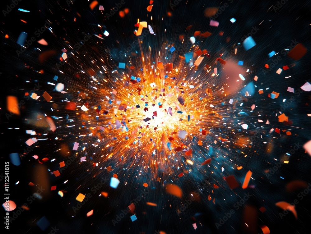 Poster vibrant explosion of colors with dynamic sparkles and confetti particles in motion.