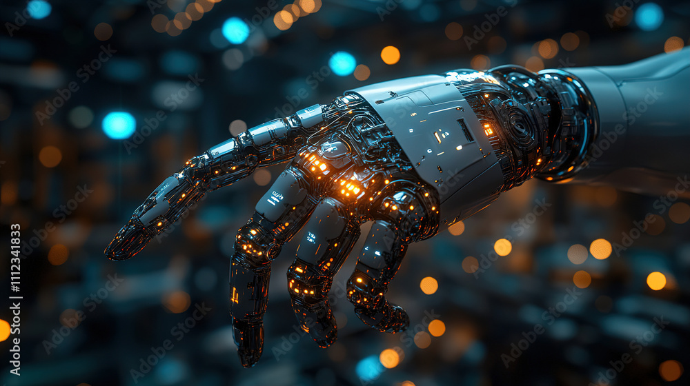 Aufkleber robotic hand extending amidst glowing technology in futuristic setting with vibrant lights and detai