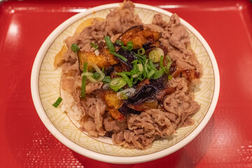 Japanese-style grilled beef and eggplant rice bowl