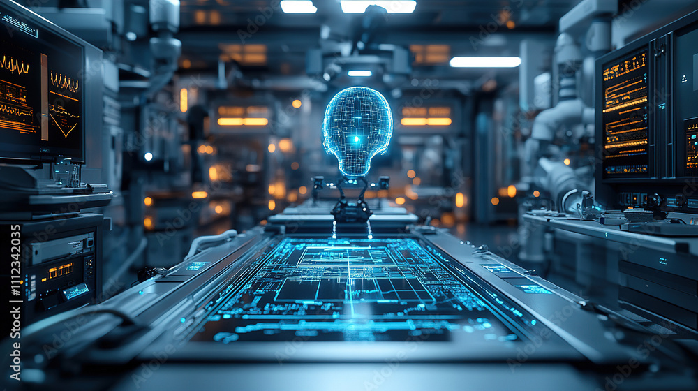 Aufkleber futuristic laboratory with holographic head and advanced technology in a high-tech environment. gene