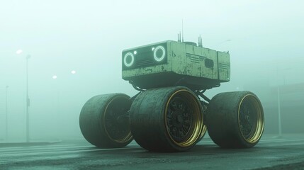Obraz premium Futuristic robot vehicle with large wheels in foggy atmosphere, isolated background.
