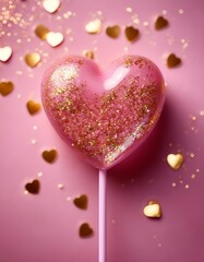 Obraz premium A pink heart-shaped lollipop with gold glitter on a pink background