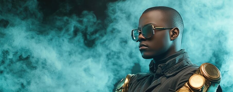 Confident person in sunglasses with a stylish outfit and colorful smoke background.