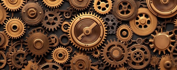 Intricate arrangement of bronze gears on a dark background, showcasing mechanical design.