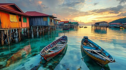 Obraz premium Colorful Stilt Houses and Boats at Dusk