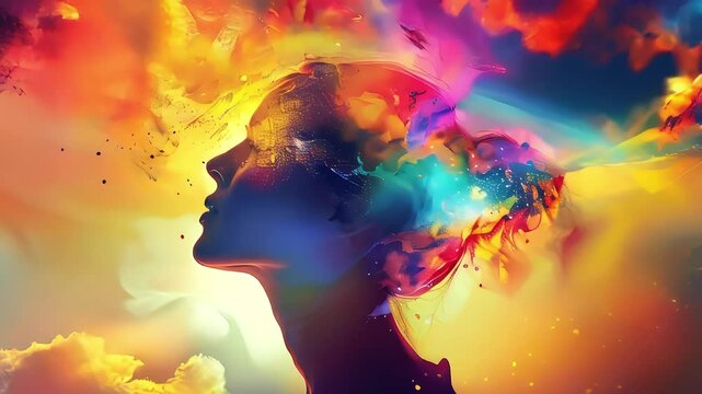 Video of silhouette of a woman with vibrant abstract colors blending into her head, set against a dreamy sky background. Concept of mental health and emotional intelligence