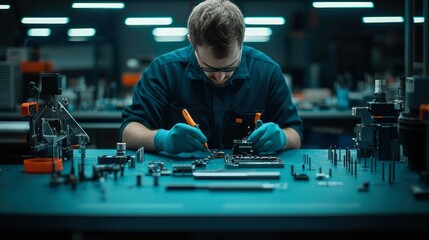 Focused technician meticulously assembling small parts on a workbench in a modern factory.