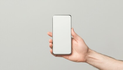 A hand holding a blank smartphone against a simple gray background, showcasing a modern device ready for customization.