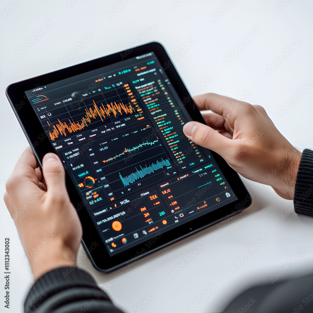 Poster analyzing financial data trends office environment digital interface close-up viewpoint business int