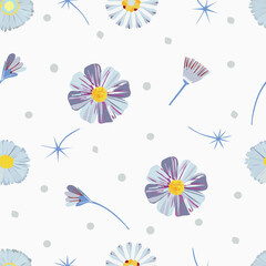 Gray cosmos flowers and buds. Various forms. Meteor and gray stars. gray white background.Seamless pattern Vector.