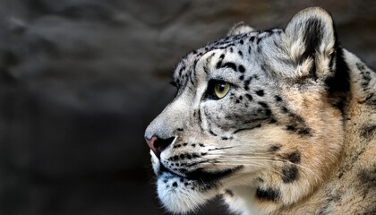 Fototapeta premium A side profile of a snow leopard in a dark setting highlighting its sharp features and soulful gaze