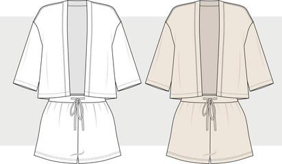 Oversize cotton Drop Shoulder Cardigan kimono and mini short set suit drawing. Fashion Illustration, Vector, CAD, Technical Drawing, Flat Drawing, Template, Mockup.