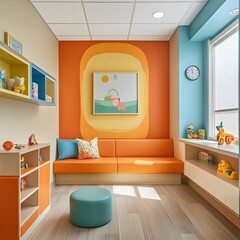 A colorful children's playroom with seating, toys, and cheerful decor.