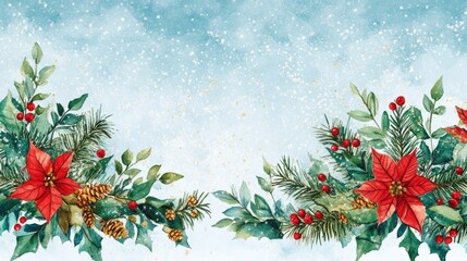 Botanical Christmas background, holiday design in watercolor & glitter