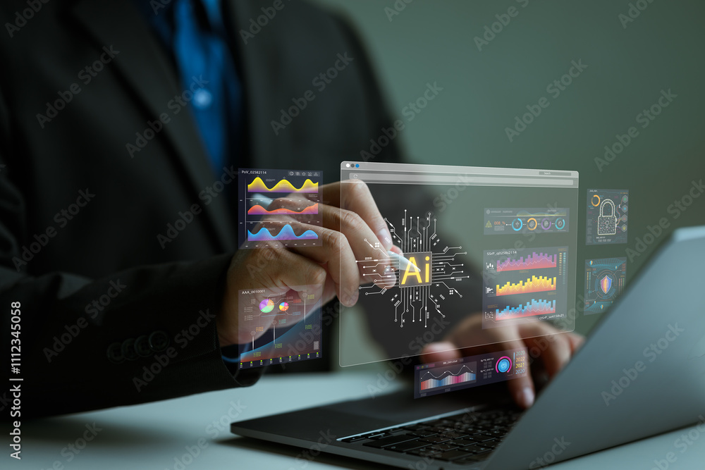Poster ai technology, artificial intelligence. man show technology smart robot ai, artificial intelligence,