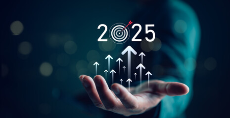 Goal and target business 2025 concept, Business people show arrow growth up, Investing in stock...