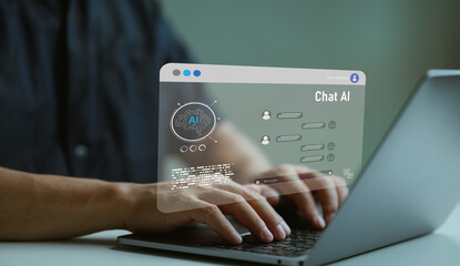Ai technology, Artificial Intelligence. Man show technology smart robot AI, artificial intelligence, Futuristic technology transformation, Technology and people AI technology in everyday life.