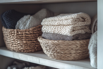 Neatly arranged woven baskets filled with soft, folded knitted blankets on a rustic wooden shelf