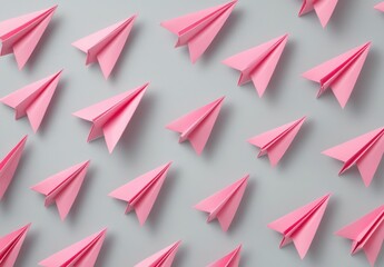 Fototapeta premium A Collection of Pink Paper Airplanes Laid Out in a Pattern on a Soft Gray Background, Symbolizing Creativity, Imagination, and Fun in Art and Design