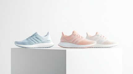Two pairs of pastel running shoes on white cubes.