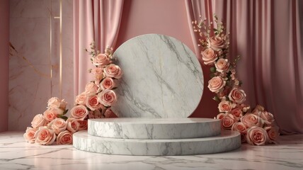 marble podium in valentines background. decor by roses, gift boxes. concept scene stage showcase, product, love, promotion sale, presentation, wedding. 3D render