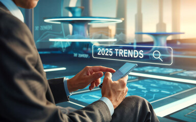 2025 trends words on digital background with a view of a businessman using mobile phone. new year, business trends opportunities.
