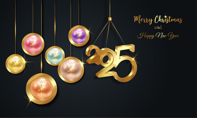 Christmas luxury holiday banner with gold handwritten Merry Christmas and 2025 Happy New Year greetings and gold colored Christmas balls. Vector illustration isolated on black background